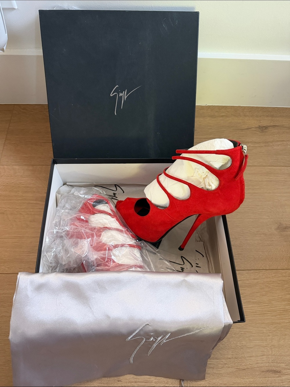 Giuseppe Zanotti Red Suede Strappy Cutout Stiletto Heels